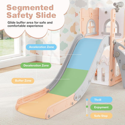 HONEY JOY Toddler Slide, 6 in 1 Freestanding Slide for Kids, Indoor Outdoor Castle Climber Playset Gym w/Basketball Hoop, Ball, Telescope, Storage, Playground Baby Slide for Boys Girls (Blue)