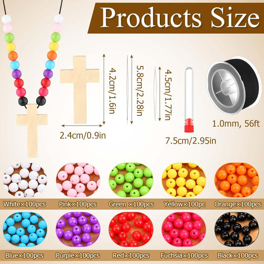 Ecation 48 Sets DIY Religious Crafts Wood Cross on Cord Wood Cross Pendant Necklace Bracelet with Colorful Assorted Beads Wooden Crosses Crafts