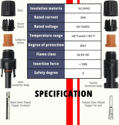 MC-4 Connector kit Solar Cable Connector kit 12 Pairs of Solar connectors and 2 Spanner Wrenches Along with a Wire Crimper Photovoltaic System Connector kit