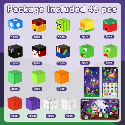 QOUBAI 45PCS Mini Magnetic Blocks Travel Toys, Magnet Building Cubes Tiles Set with Portable Iron Case, Learning Activities Gifts for Kids Toddlers Boys & Girls Ages 3-8 (Construction)