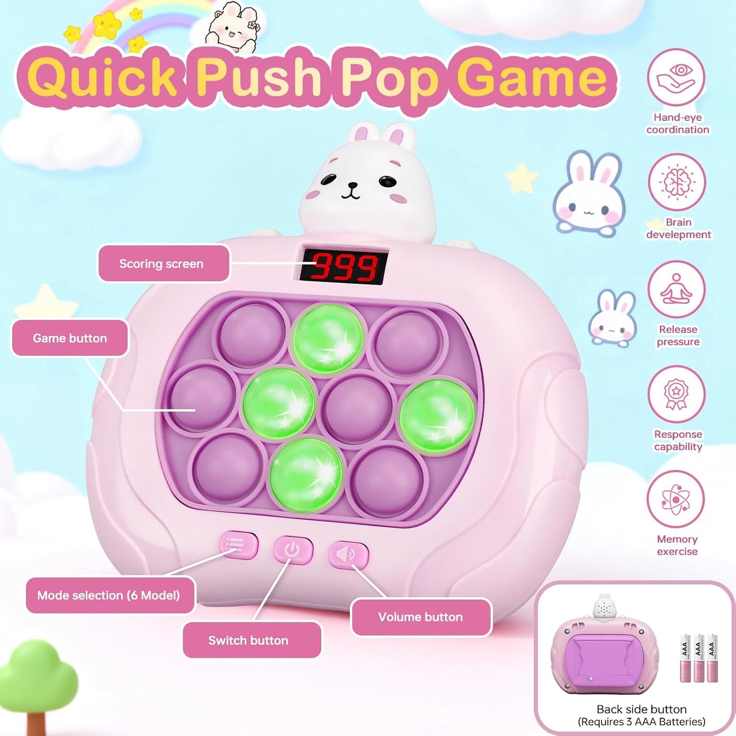 Narotood Quick Push Pop Game - Light Up Bubble Fidget Toy for Kids & Adults, Handheld Puzzle Game Sensory Toys, Great Gift for Christmas, Easter & Birthdays for Boys and Girls Ages 3-12 (Bear)