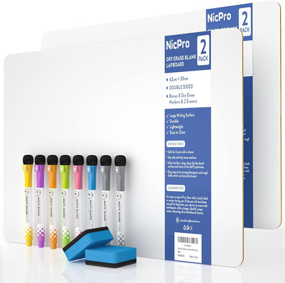 Nicpro Dry Erase Board with Lines 12 x 16 in, 2 Pack Kid Double Sided Lined White Board Dry Erase with 8 Pens, 2 Eraser, Small Learning Whiteboards for Kids, Students, Homeschool Essentials Supplies