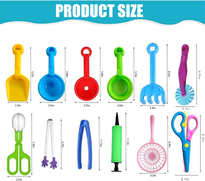 12 Pcs Sensory Bin Filler,Sensory Bin Tools, Fine Motor Skills Handy Scooper Set with 5 Scoops, Plastic Tweezers, Silicone Tongs, Beach Shovels, Air Pump, Scissors Clip