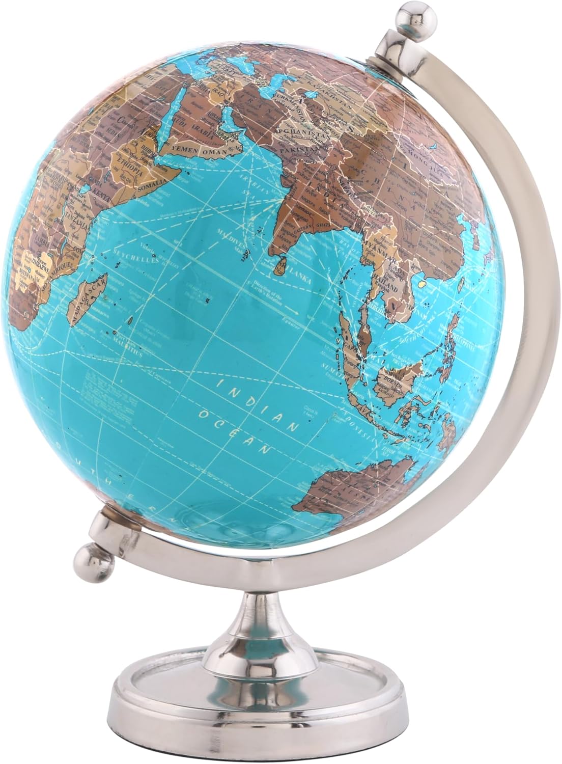 Rely+ Earth Light Blue Rotating Globe of The World with Silver Stand (NOT PLASTIC!) for Bookcase Shelf Decorative Home Desk sturdy Office Decor 6-inch