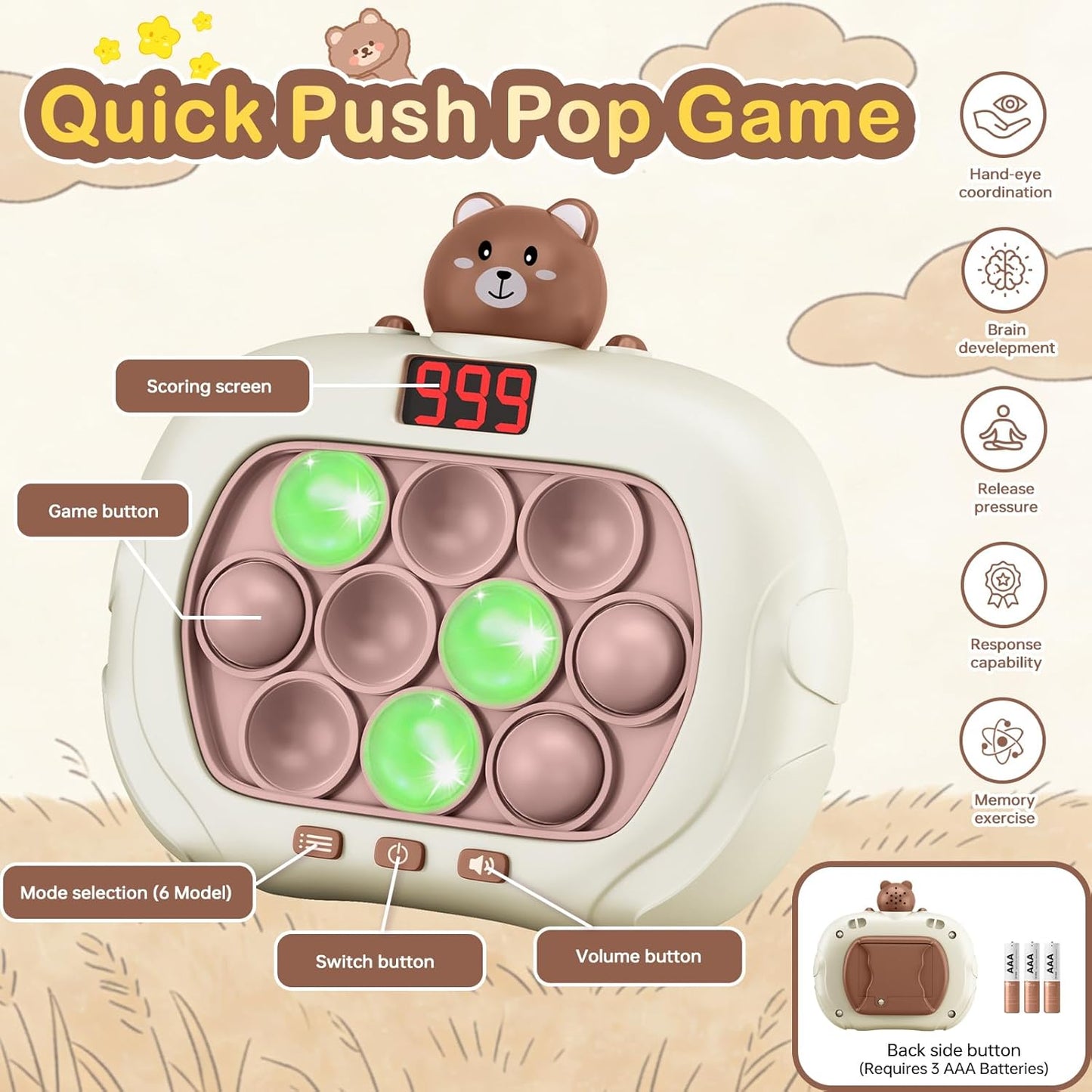 Narotood Quick Push Pop Game - Light Up Bubble Fidget Toy for Kids & Adults, Handheld Puzzle Game Sensory Toys, Great Gift for Christmas, Easter & Birthdays for Boys and Girls Ages 3-12 (Bear)