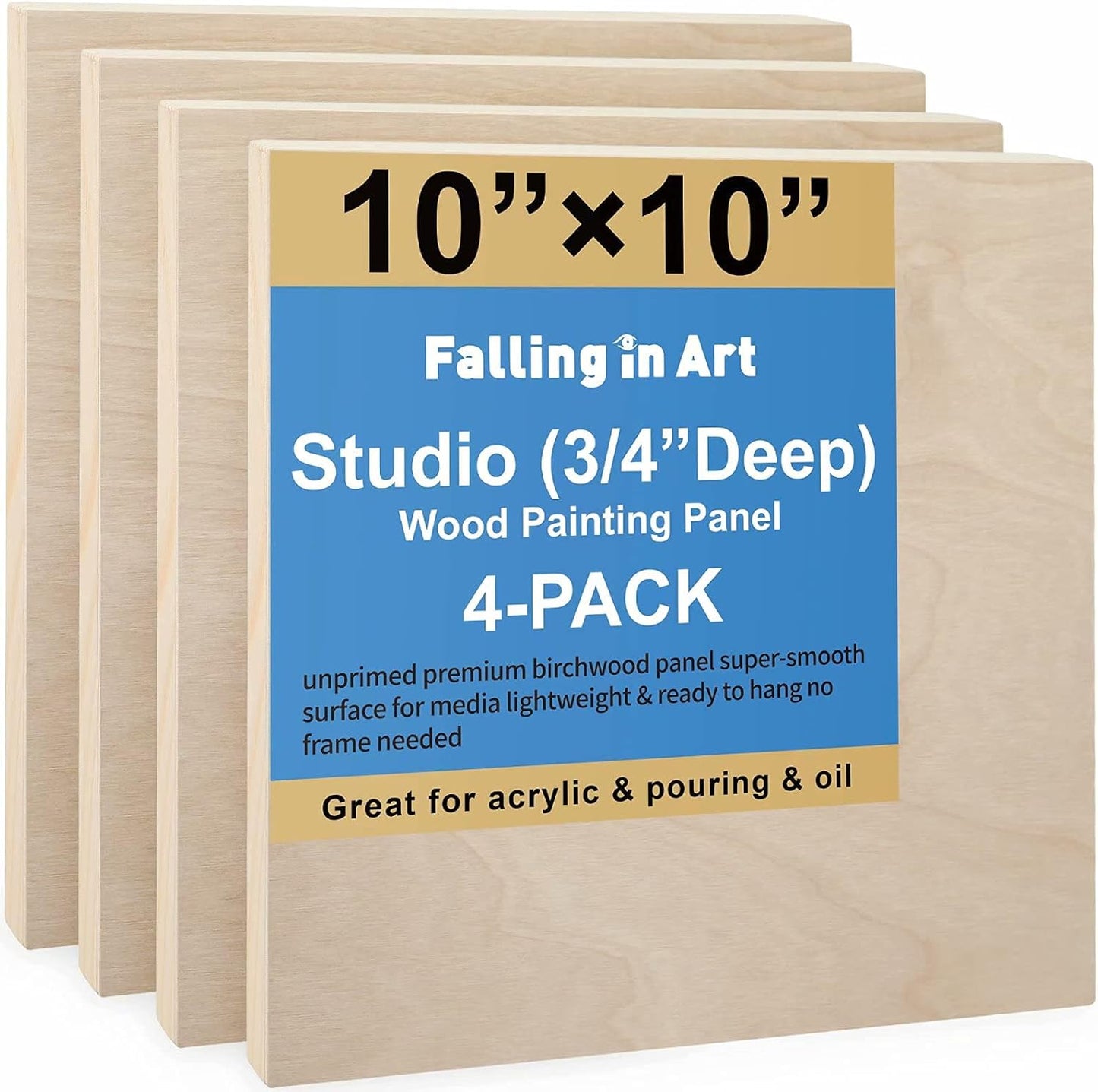 Falling in Art Unfinished Birch Wood Canvas Panels Kit, 4 Pack of 8x10’’ Studio 3/4’’ Deep Cradle Boards for Pouring Art, Crafts, Painting, and More