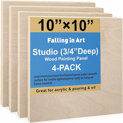 Falling in Art Unfinished Birch Wood Canvas Panels Kit, 4 Pack of 8x10’’ Studio 3/4’’ Deep Cradle Boards for Pouring Art, Crafts, Painting, and More