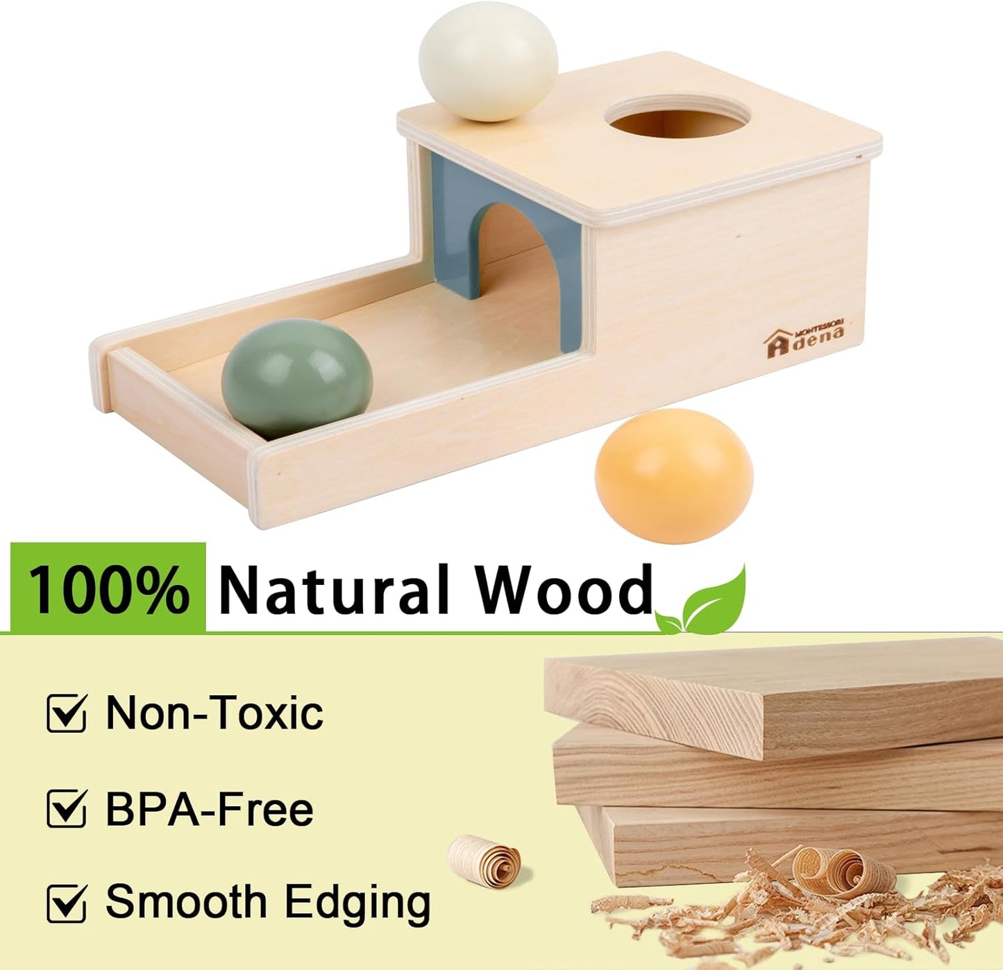 Adena Montessori Wooden Toy for 6-12 Month Baby 3 Balls with Tray, Object Permanence Box Colorful Learning Education Toy for Toddler Kid 1-2 Year Old, Preschool Developmental Girl and Boy Gift