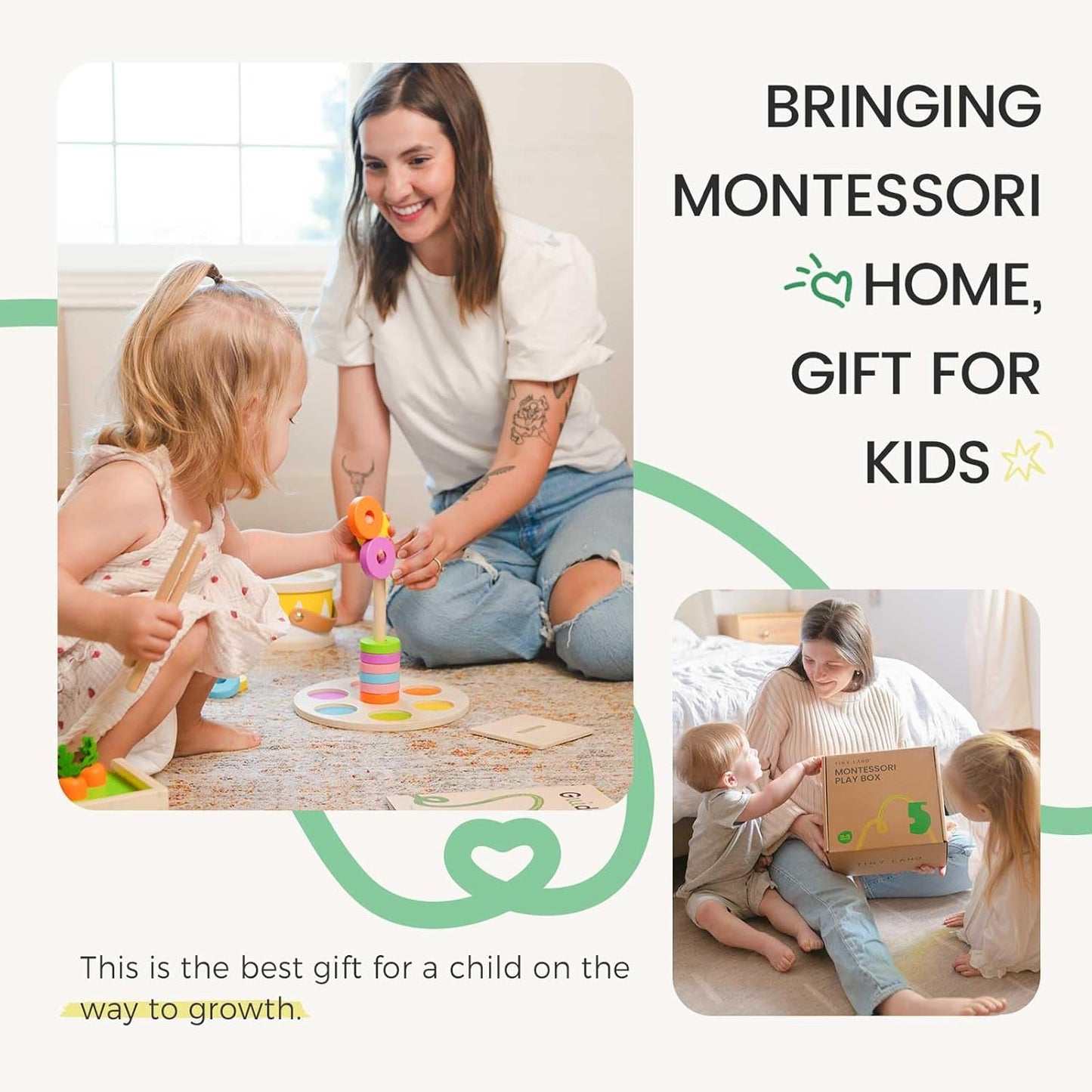 Tiny Land Montessori Baby Toy Set 0-3 Months Newborn Development Sensory Play Kit - 5-in-1 Mirror, Black & White Card Set, Rolling Bell, Play Mat, and Bed Wrap