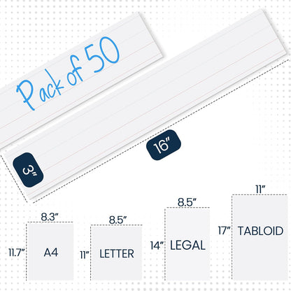 Essex Wares - 50 Pack - White - 16" Wide x 3" Tall Dry Erase Sentence Strips - Sentence Strips Cardstock - Reusable & Double Sided (Ruled & Blank) Sentence Strips for The Classroom, Home, Office