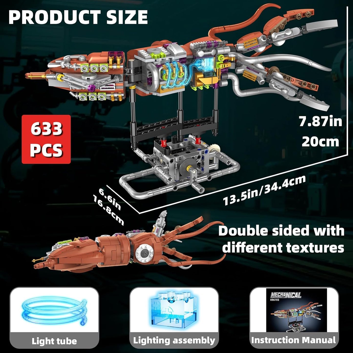 Mechanical Crocodile Building Set with Lights, Rotatable Link Components & Display Stand, STEM Building Set for Boys 8-14, Home Office Decor for Adults, Mechanical Enthusiasts（648PCS）