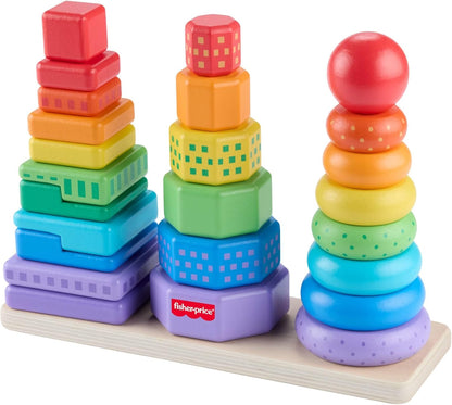 Fisher-Price Wood Toddler Toy Stacking Shape Sorter, 26-Piece Wooden Playset for Developmental Play Kids Ages 18+ Months