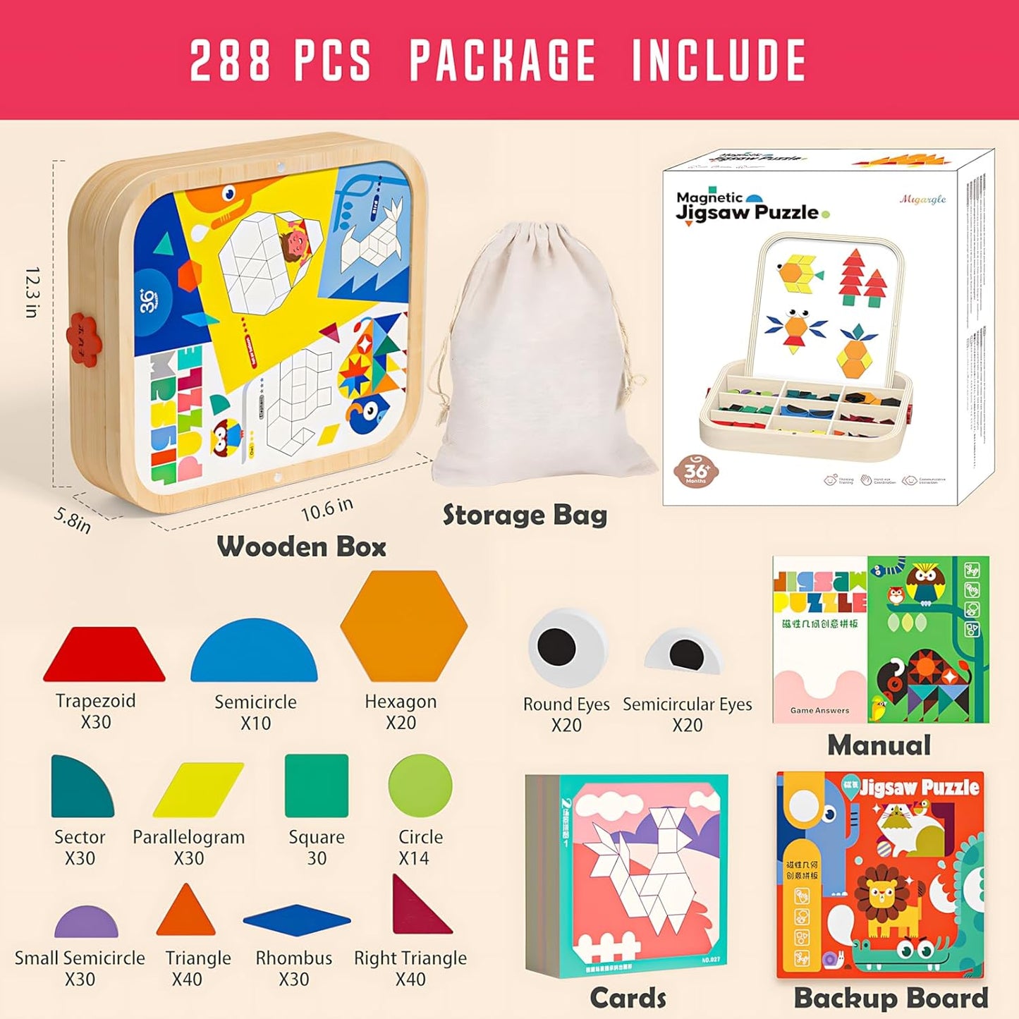 248 Pcs Wooden Magnetic Pattern Block Set with Cards, Pen & Storage Bag, Montessori STEM Tangram Puzzle Toys for Toddlers 4 5 6 7 8, Educational Brain Teaser Gift for Boys Girls