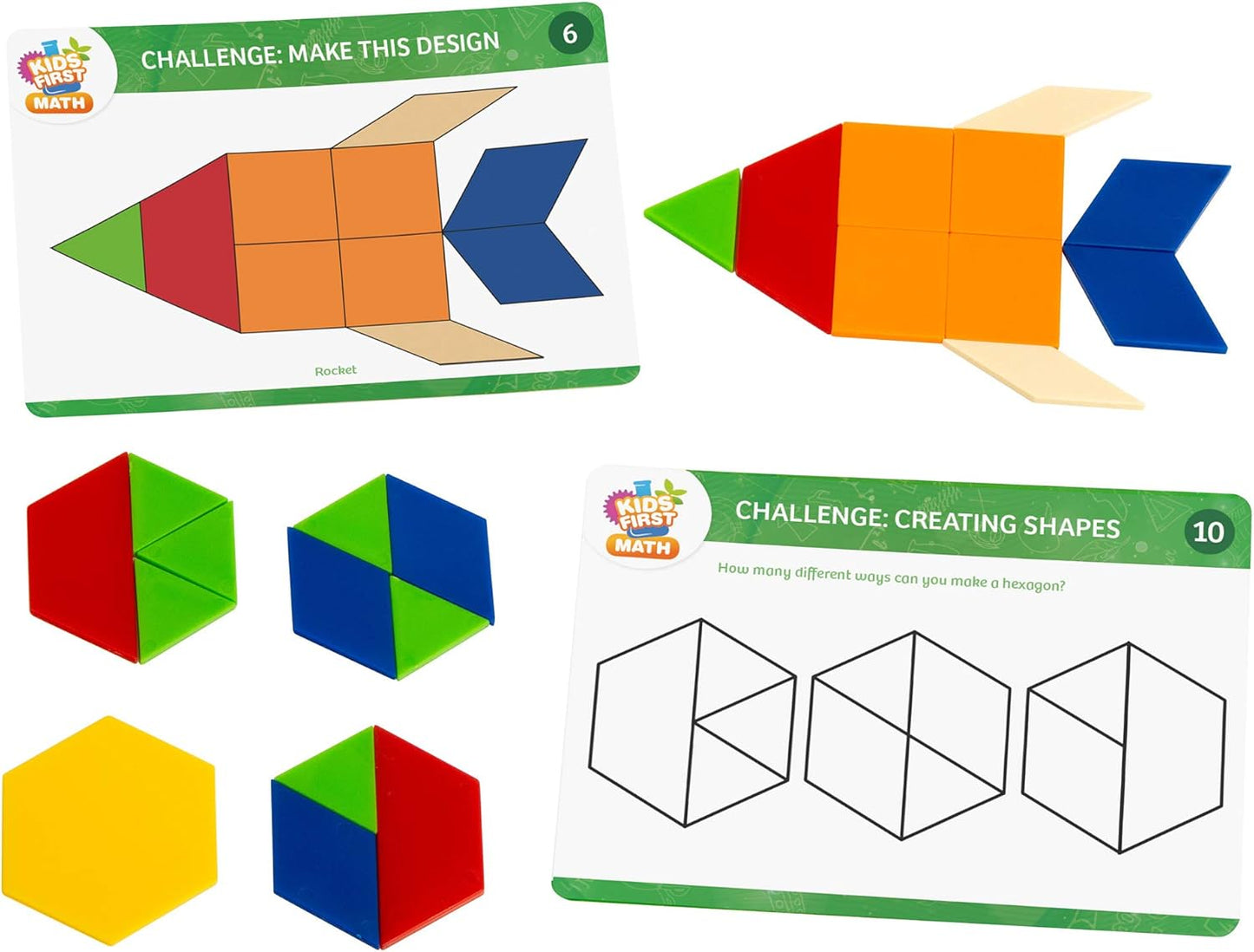 Kids First Math: Pattern Blocks Math Kit w/Activity Cards | 250 Colorful Plastic Geometric Blocks | Explore Geometry, Shapes, Division, Fractions & More | at-Home or Classroom Learning, Ages 3+