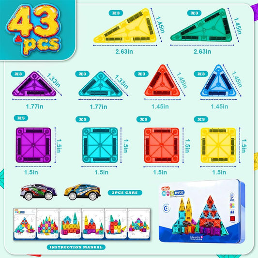 Magnetic Tiles for Kids Mini Magnet Tiles Building 43PCS Toddlers Magnetiles Travel Toys with Case & 2 Cars Basic STEM Magnets Construction Tile Toy Set Ages 3-8 Boys Girls