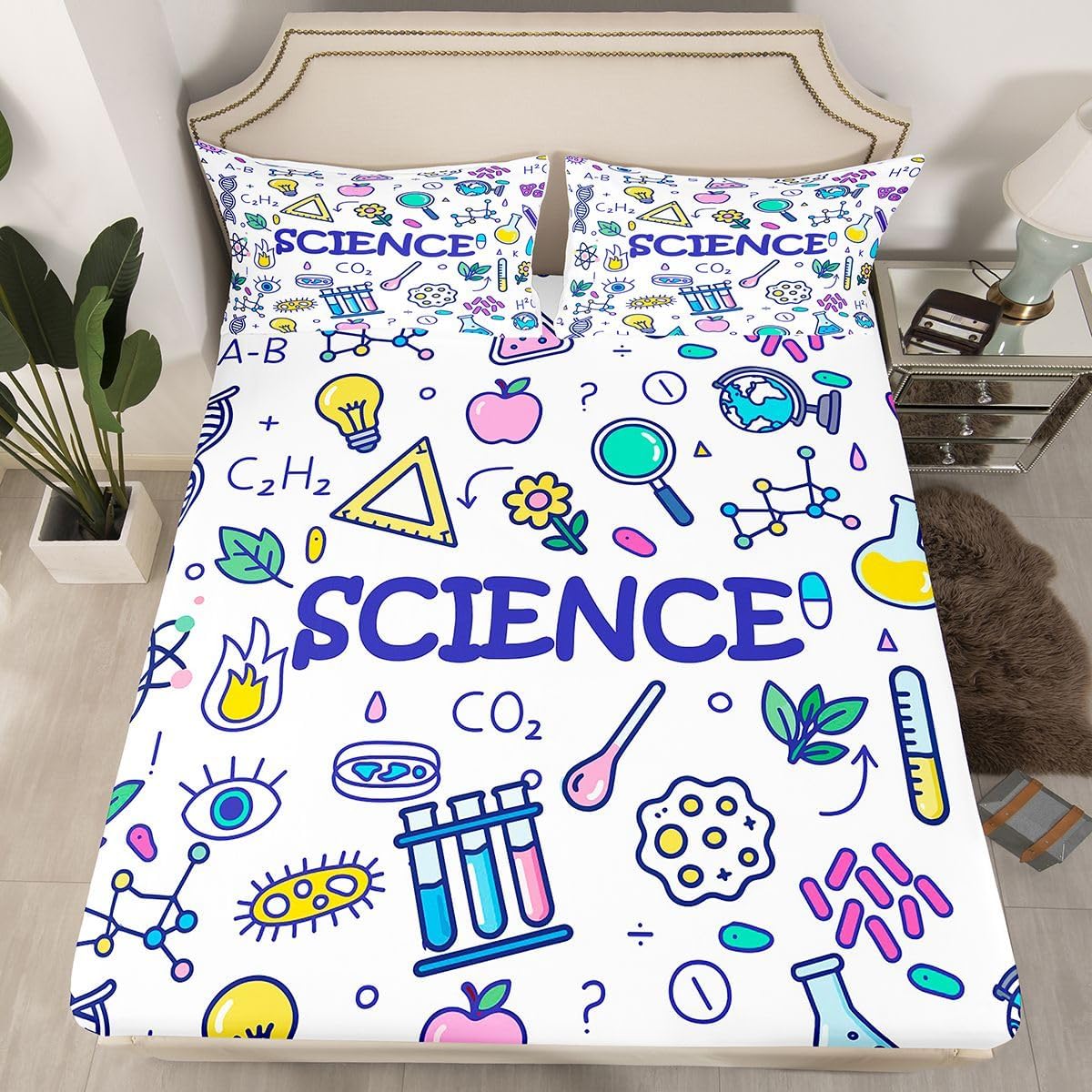 Erosebridal Chemistry Lab Fitted Sheet Twin Size Chemical Equation Bed Sheets for Boys Girls Chemical Elements Science Theme Bed Set Teens Kids Science Students Bedding Set School Dorm Room Decor