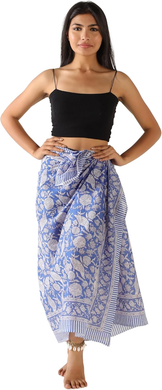 100% Cotton Sarong Cover Up for Women Indian Block Print Beach Wrap Skirt Long Boho Swimsuit Bikini Pareo (73” x 43”)