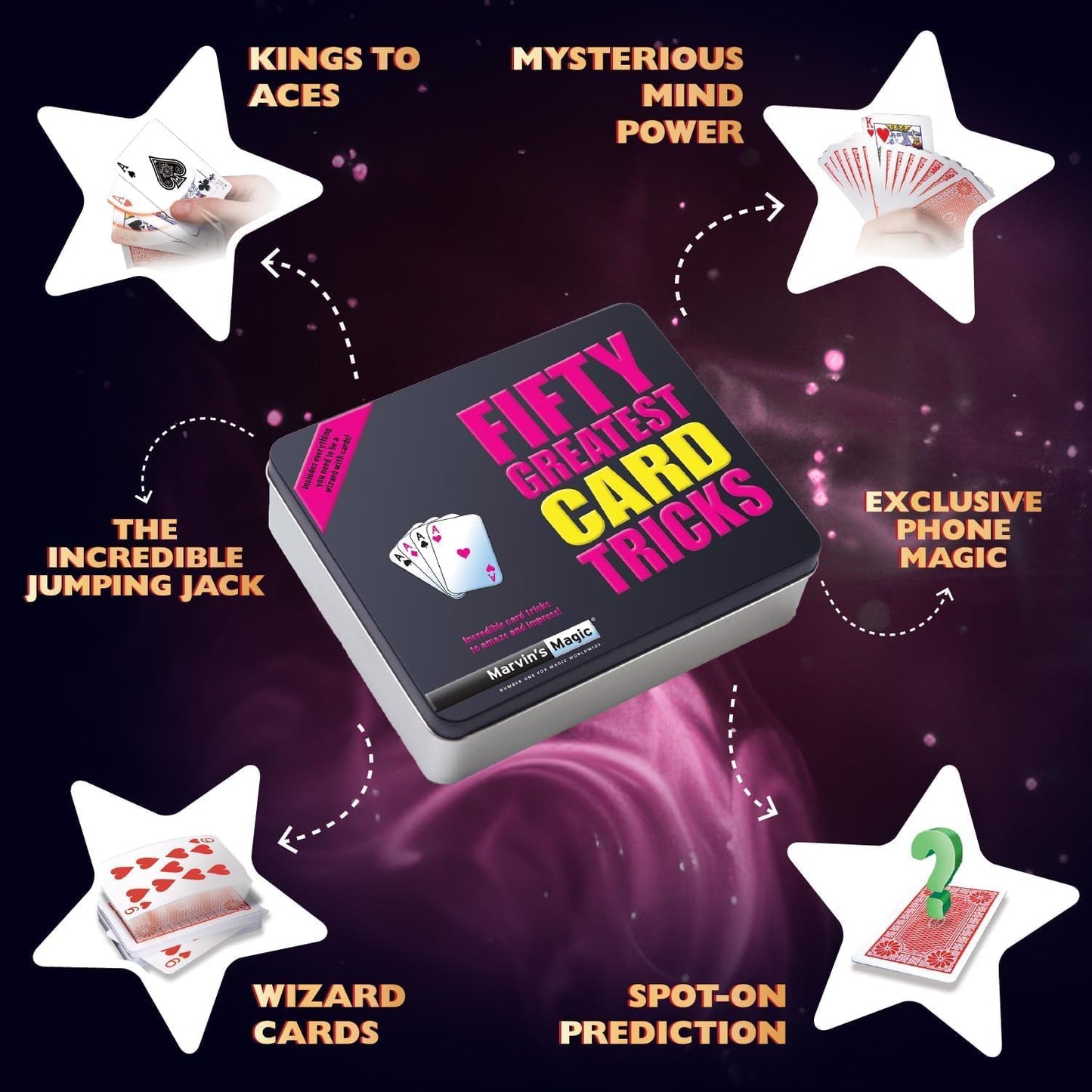 Marvin's Magic - Fifty Greatest Card Tricks Set - Children & Adults Magic Card Deck - Includes Card Illusions, Close up and Mind Reading Tricks - Comes in Gift Set Tin - Suitable for +8 - Cool Stuff