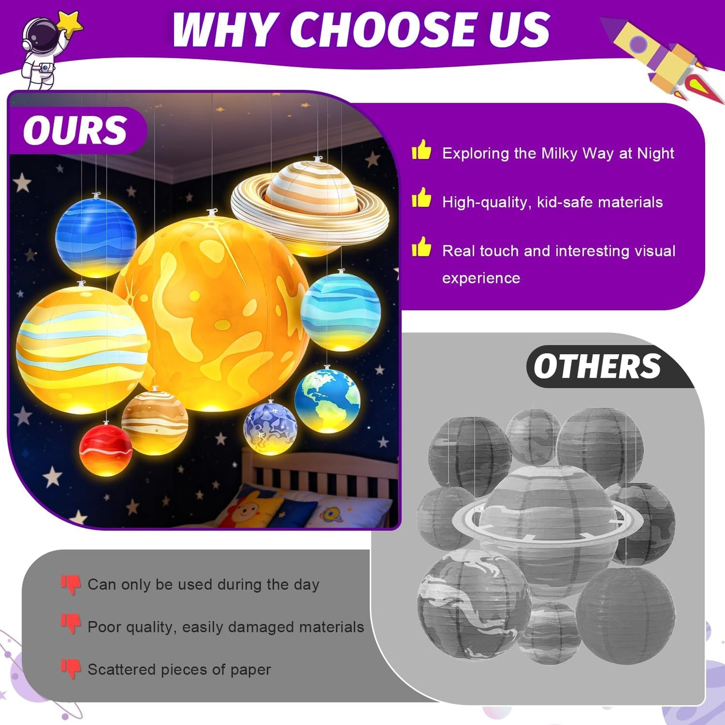 Inflatable Solar System Planets with Lights, 2026 Upgraded Inflatable Solar System 9 Giant Hanging Planets Astronomy Gifts for Ages 5-7, 6-8, 8-12 Outer Space Themed Room Party Decoration