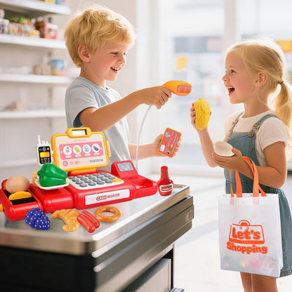 Cash Register Toy for Kids,Toddler Pretend Play Store with Real Calculator,Scanner,Play Food, Money & Credit Card,Supermarket Checkout Set, Math Skills Learning Toys,Birthday Gift for Boys Girls-Red