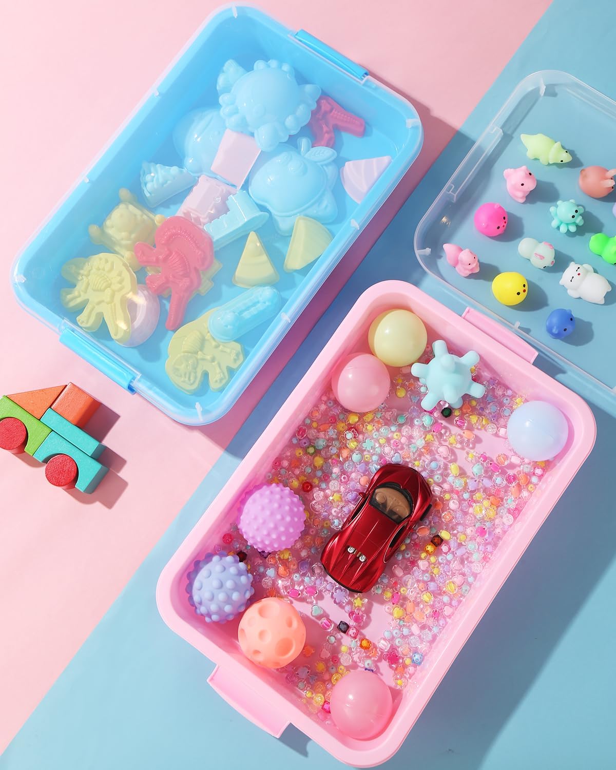 Sensory Bin Sand Tray with Lid for Toddlers 2 Pcs 15in Portable Sandbox Toy Large Plastic Tray for Kids 3 4 5 6 Fill with Sand, Water, Beads, and More (Green+Blue)