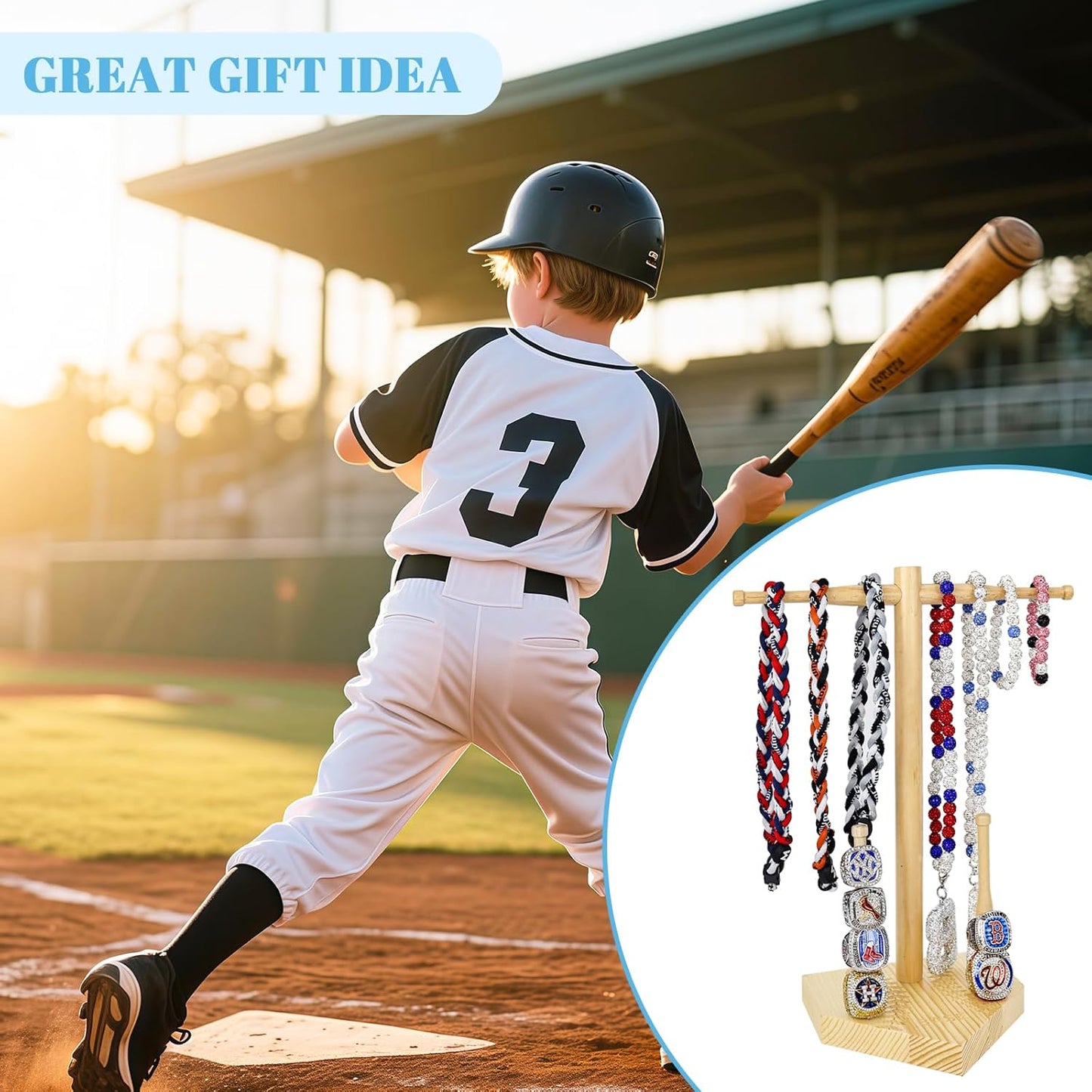 rain bunny Wooden Baseball or Softball Drip Necklace Organizer Holder, Championship Ring Display Holder, Softball Ring Holder, Drip Necklace Baseball Display Gift (Walnut Red)