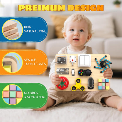Umnodobn Montessori Busy Board for Toddlers, 11-in-1 Sensory Learning Travel-Friendly Activity Board, Fine Motor Skills Toy, Screen, Birthday Holiday Presents for Boys Girls 3+ Years Old