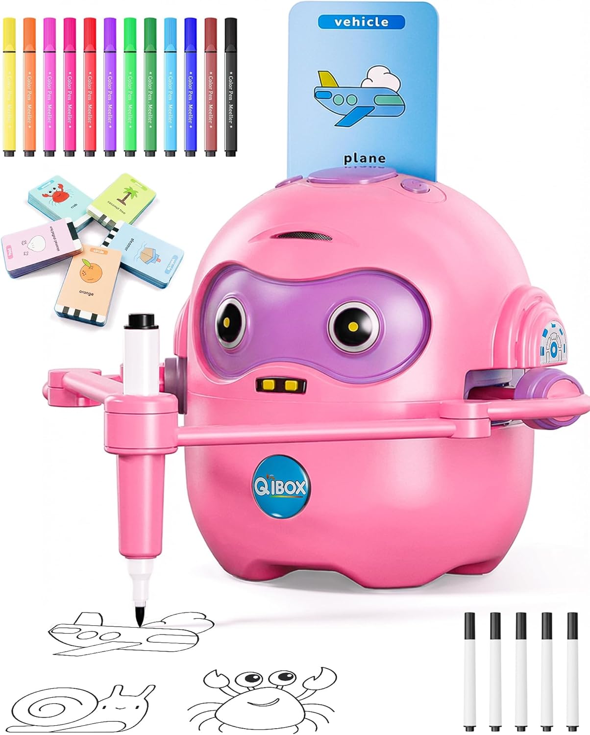 Drawing Robot for Kids, Rechargeable 4-in-1 Draw/Learn/Spell/Music Interactive Educational Robot Drawing Machine with 100 Cards & 12 Color Pens, Learning Toys for 3-8 Year Old Boys Girls Birthday Xmas