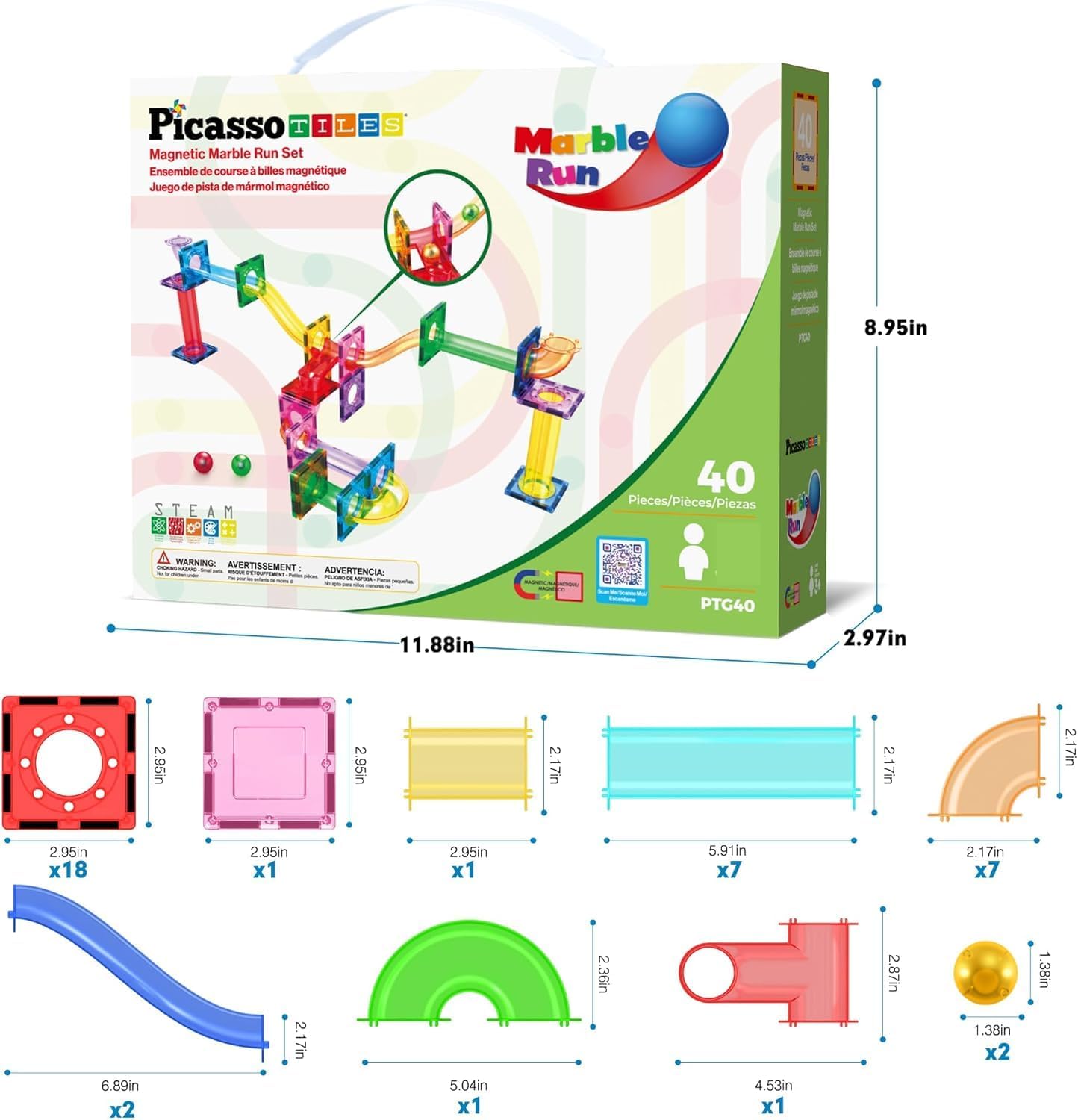 PicassoTiles 70pc Marble Run Magnetic Tiles STEM Set for Kids Ages 3 and Older Magnet Tile Marbles Maze Building Blocks Brain Development Toy Preschool Educational Learning Construction Playset PTG70