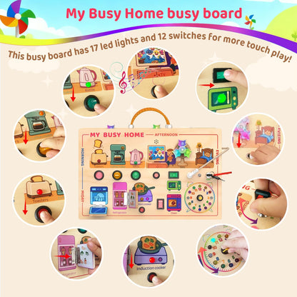 UdoUto Montessori Wooden Busy Board for Toddlers with LED Light Lights & Switches,Portable Activity Board for Car & Airplane Travel Toys, Christmas & Birthday Gift for 1-3 Year Old Boys & Girls
