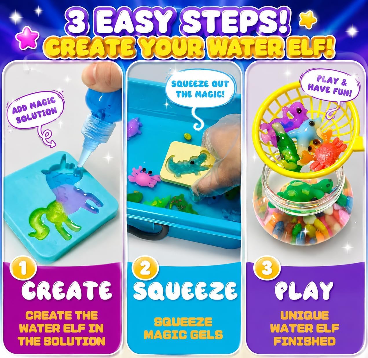 AGENTLAN Magic Water Elf Toy Kit，Aqua Fairy Squishy Making kit with 10 Water gels&8 molds,Magic Jelly elf,Glow in the Dark Water Pets Craft Kits,Sensory Toy Gift Ages 3 4 5 6 7 8 9