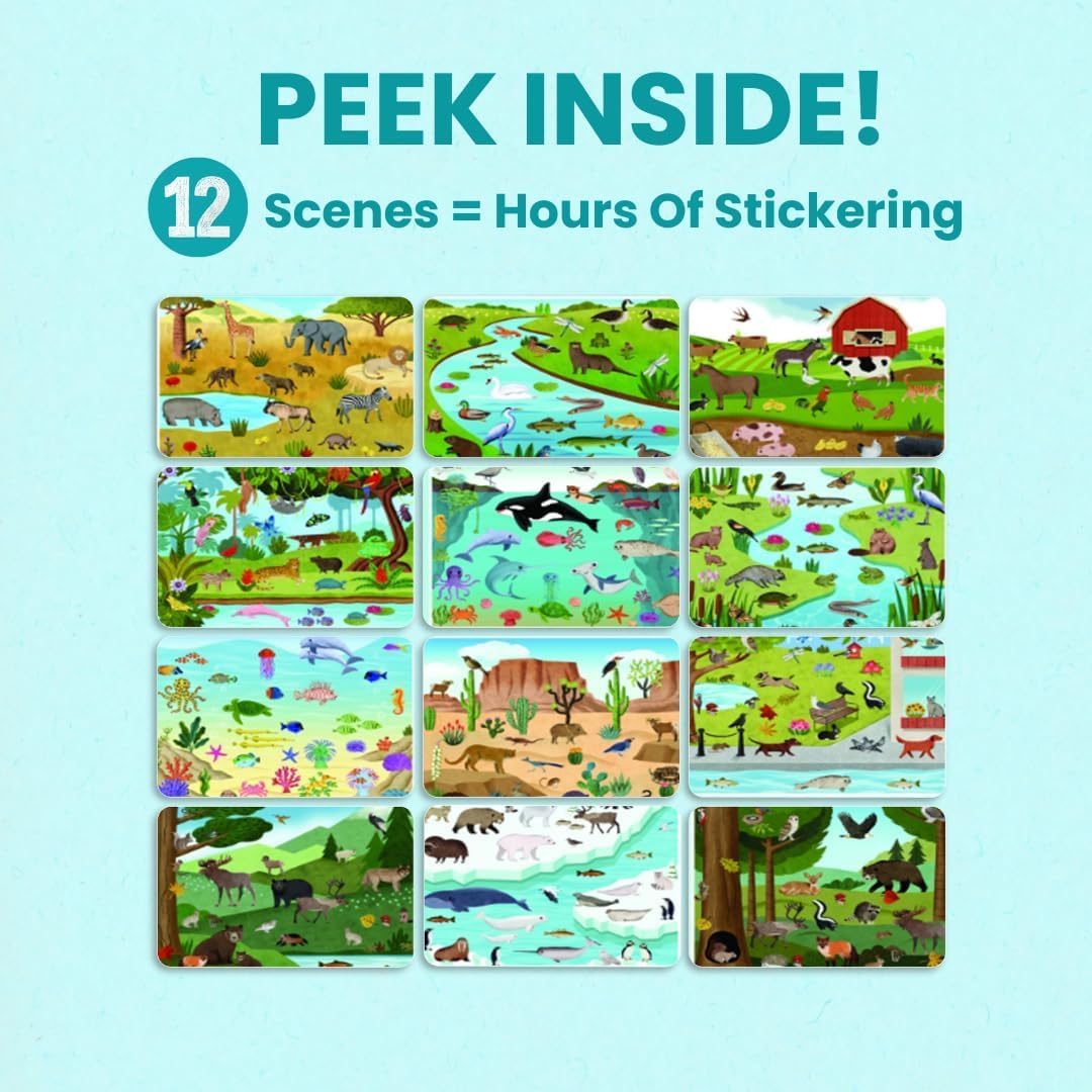 Animals Habitat 500+ Kids Sticker Book by Cupkin Toddler Airplane Travel Activity Coloring and Sticker Book, Road Trip Essentials, 12 Coloring Pages + 12 Scenes for Ages 2–8 Years - Colors A