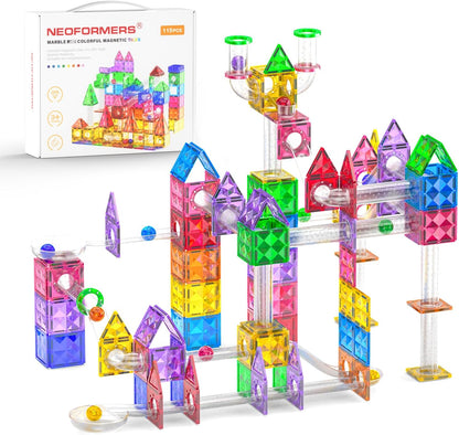 115Pcs Magnetic Marble Run Set for Kids, STEM Building Toys with Racing Track Tiles, Funnels & Slopes, 3D Construction Marble Maze Educational Learning Gift for Boys & Girls Ages 3-8+