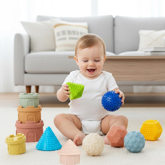 Soft Spiky Sensory Balls & Stacking Cups Set, Textured Geometric Baby Balls, Castle Nesting Blocks, Teether & Bath Toys, Montessori Gifts for Babies 6-12 Months Toddlers 1-3