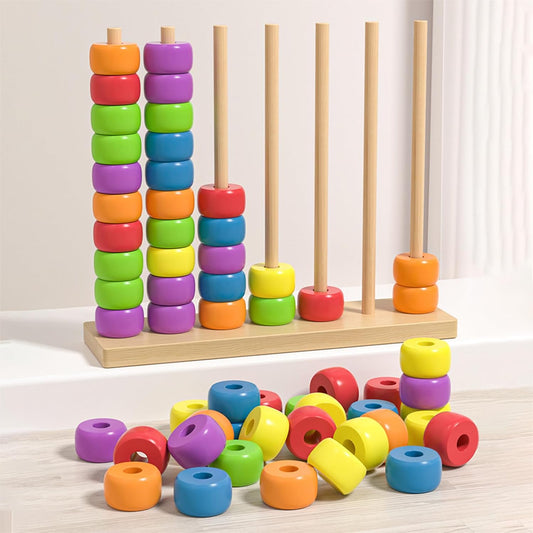 Color Stacking Game, 60 Pcs Challenge Colorful Ring Stacking Games, Wooden Rainbow Sorting & Stacking, Fun Color Matching Puzzle Game for Family Game Night, Includes 1 Stack Racks & 60 Rings (1 PCS)