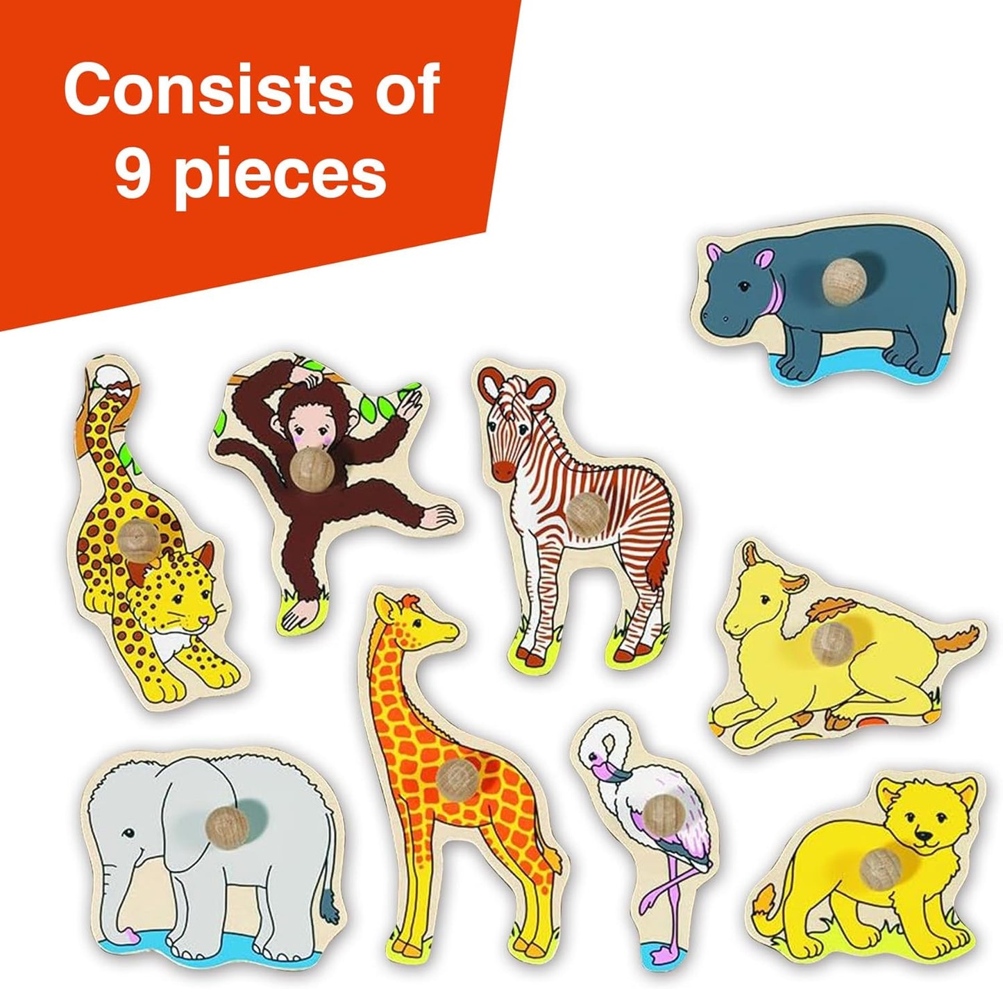 Goki Wooden Puzzles for Toddlers 1-3 I 1st Puzzle for 1+ Year Old I Safari Animal Toy with Large Knobs 9 pcs - Eco Friendly Wood Fine Motor Skills Toys - 1st Birthday Gift German Brand Quality