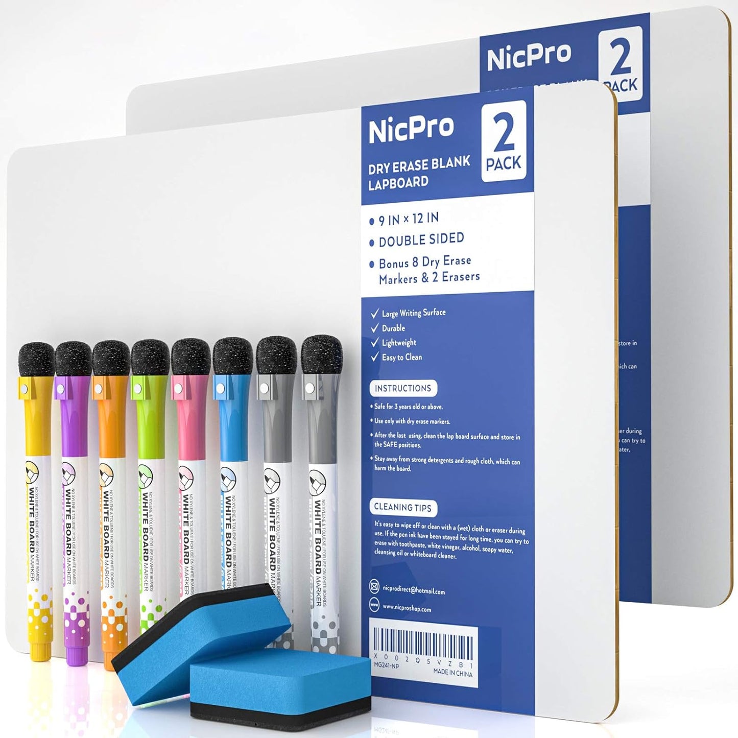 Nicpro Dry Erase Board with Lines 12 x 16 in, 2 Pack Kid Double Sided Lined White Board Dry Erase with 8 Pens, 2 Eraser, Small Learning Whiteboards for Kids, Students, Homeschool Essentials Supplies