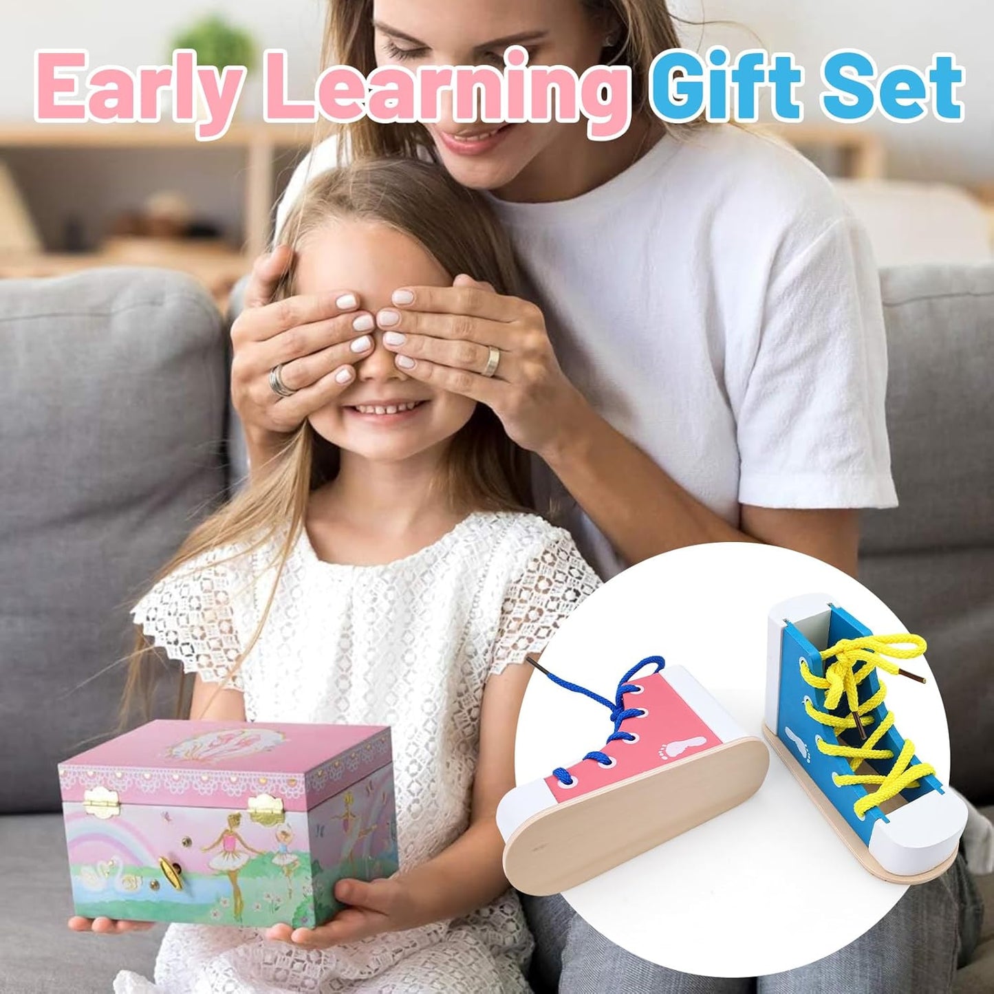 2 Pack Wooden Shoe Tying Practice Kit with Blue and Pink Laces, Instructional Lacing Technique Aid for Fine Motor Skills Development (Blue,Pink)