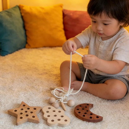 3 Pack Wooden Lacing Threading Toys for Toddlers 1-3 Solid Wood Threading Activity Puzzles, Moon/Stars/Cloud Quiet Toddler Toys for Airplane Travel Fine Motor Skills Sensory Toys