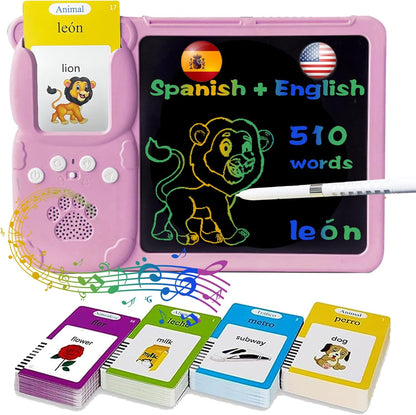 Talking English & Spanish Flash Cards - 8" LCD Writing Tablet for Kids 3-12, Bilingual 510 Sight Words, Toddler Pocket Speech, Drawing Sketch Pad, Autism Toys for Boys (Spanish, Blue)