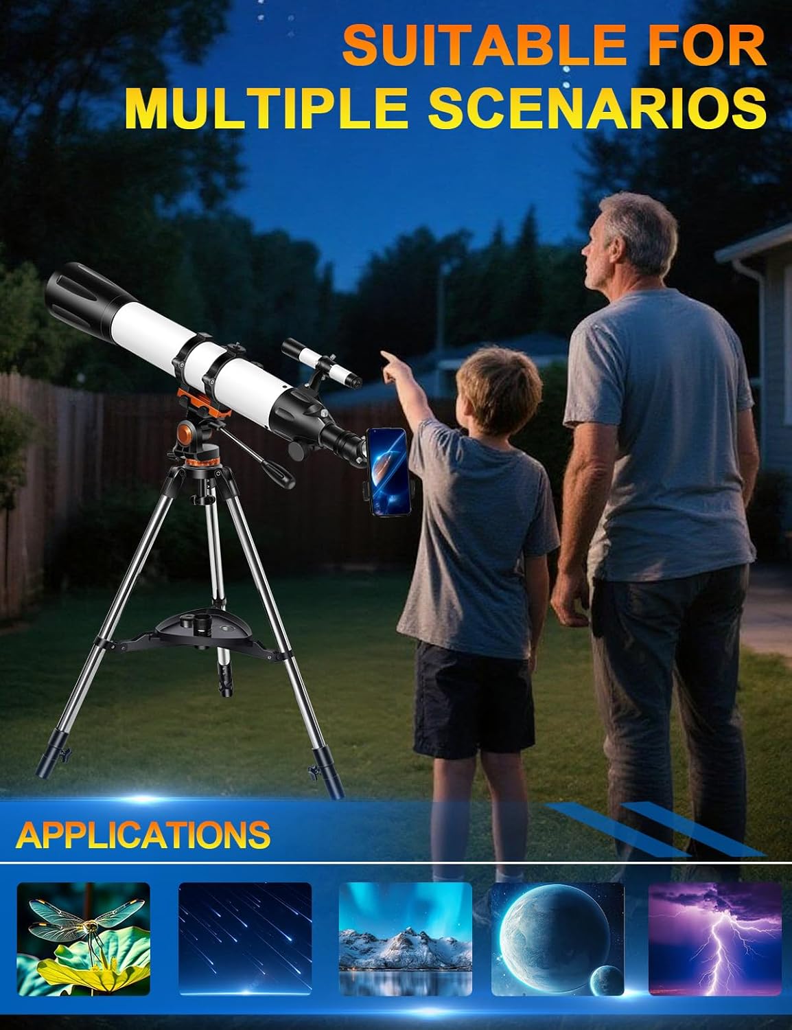 Telescope for Adults High Powered 90mm Aperture 800mm (32X-240X), Refractor Telescopes for Astronomy Beginners with AZ Mount Tripod, Phone Adapter, Carry Bag (80090white)