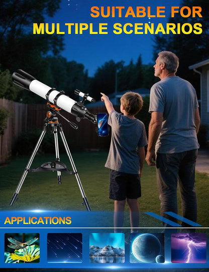 Telescope for Adults High Powered 90mm Aperture 800mm (32X-240X), Refractor Telescopes for Astronomy Beginners with AZ Mount Tripod, Phone Adapter, Carry Bag (80090white)