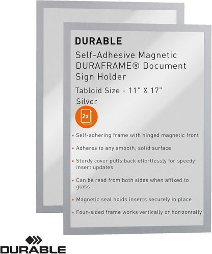 Durable Duraframe Self Adhesive Magnetic Sign Holder in Half Letter-Size 5.5" x 8.5" Inches - Black Frame - Pack of 2