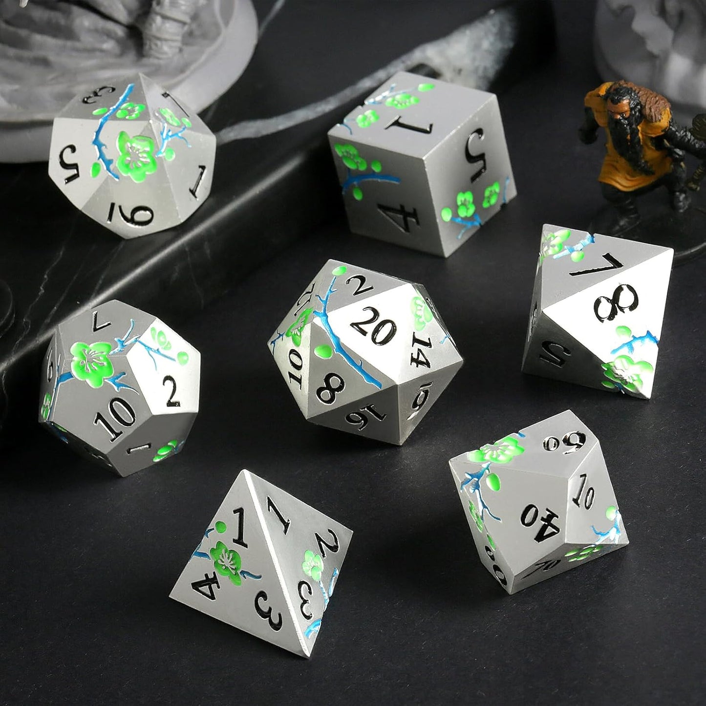 DnDnD Heavy Polyhedral Metal Dice Set with Metal Box, 7-die Shiny Blue Surface with Golden Number for RPG,Dungeons and Dragons,Pathfinder,Shadowrun,D&D,Role Palying Game and Math Teaching - Colors A