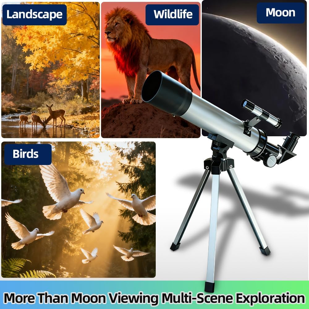 Telescope for Kids 50mm 100x Magnification Beginner Silver Telescopio with Tripod, 2 Eyepieces, Finder Scope Set, STEM Educational Astronomy Chritstmas Gift for Boys & Girls Ages 6-12
