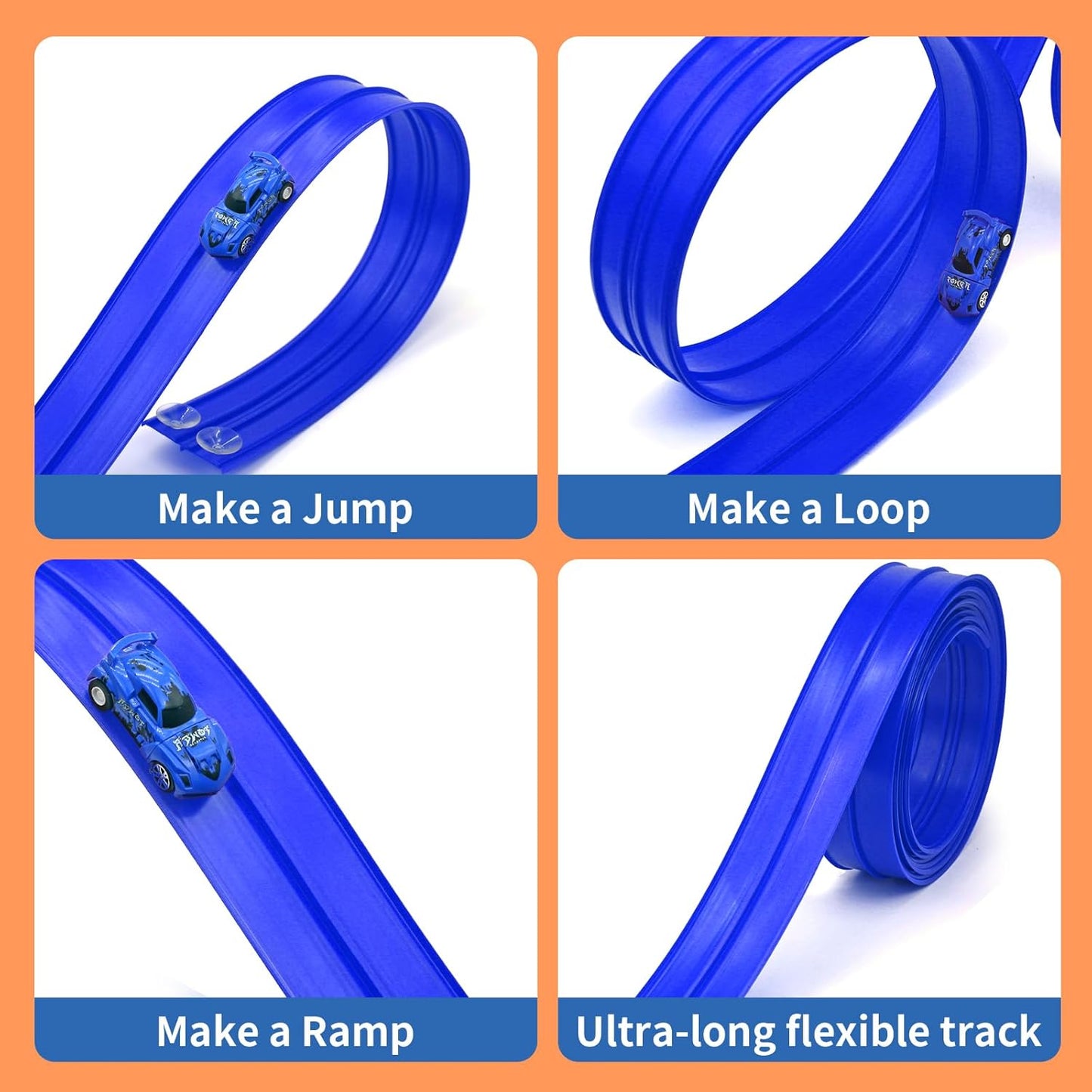 16.5ft Build Anywhere Portable Race Track with Suction Cups - Flexible Roll-Up Design Fits 1/64 Scale Cars, Portable Toy Gift for Kids 4+ Year Old (3 Tracks/Red)