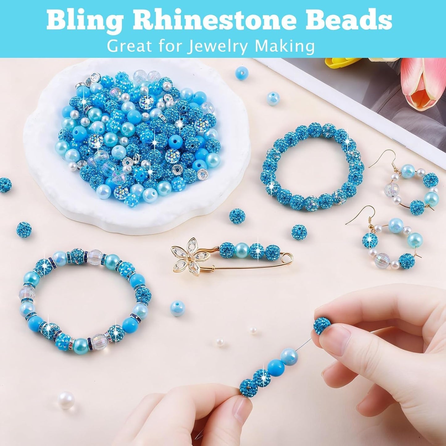 300 Pcs Diamonds Beads for Jewelry Making, Included 10 mm Red Rhinestone Beads for Bracelets, Bubblegum Bead for Pen Making, Pearl and Spacer Bead for Bracelet Necklace Earring Crafting