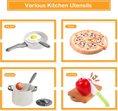 150Pcs Kitchen Playset, Toddlers Pretend Cooking Cookware Accessories, Food, Picnic Blanket, Fruits, Veges, 2Pack Shopping Storage Basket, Dessert and Prop Money, Gift for Kids (Pink)