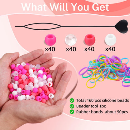 150Pcs 10mm Small Silicone Beads for Hair Braids, Soft Jellyish Pony Hair Beads with 5mm Hole + 50 Rubber Bands and 1 Beader for Braiding, DIY Bracelets Necklaces Crafts (Pink)