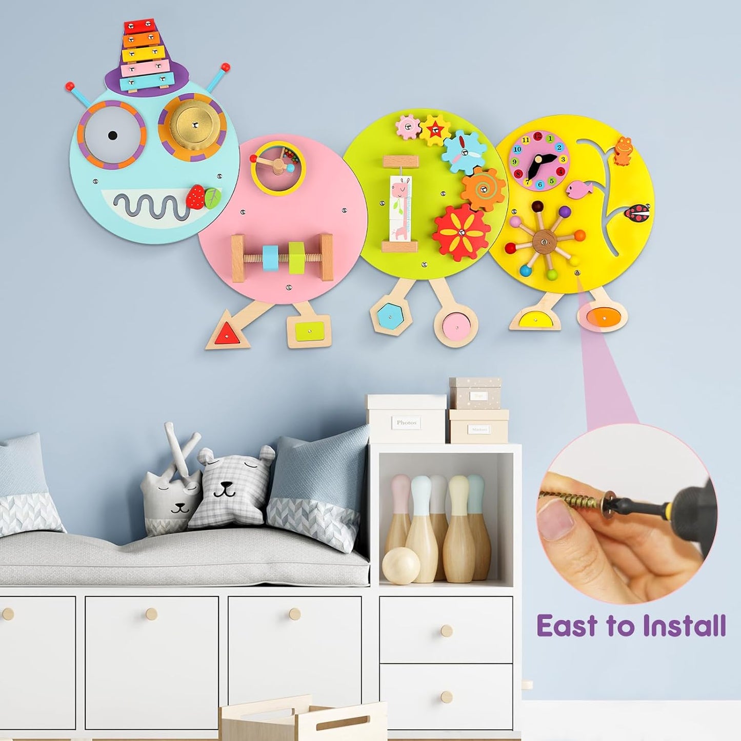Rainbow Wall Busy Board for Kids: Wooden Montessori Activity Panel | 13-in-1 Sensory Learning Toys for Fine Motor Skills - Playroom & Nursery Essentials for Toddlers